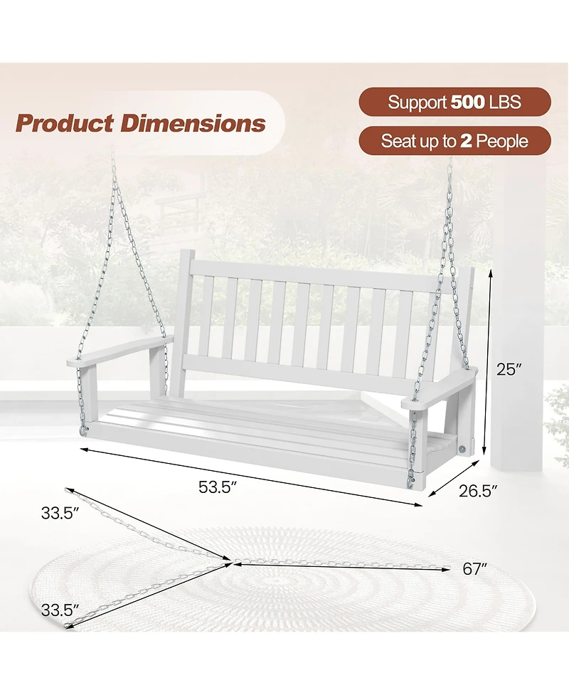 Gymax Wooden Porch Swing 2-Person Hanging Chair w/ Adjustable Galvanized Metal Chains