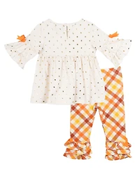 Rare Editions Baby Girls 2-Piece Pumpkin Polka Dot Top and Plaid Pants Set