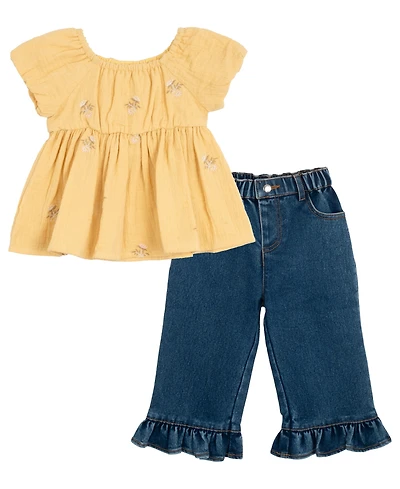 Rare Editions Baby Girls 2-Piece Embroidered Top Ruffle and Jeggings Set