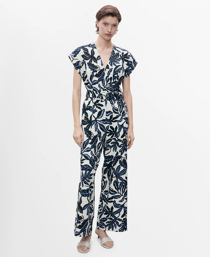 Mango Women's Belt Printed Linen Jumpsuit