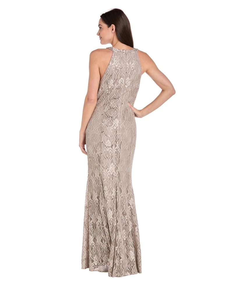 R & M Richards Women's Sequin Lace Keyhole Halter Gown