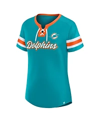 Fanatics Women's Aqua Miami Dolphins True Catch Iconic Rhinestone Bling Athena Lace-Up T-Shirt