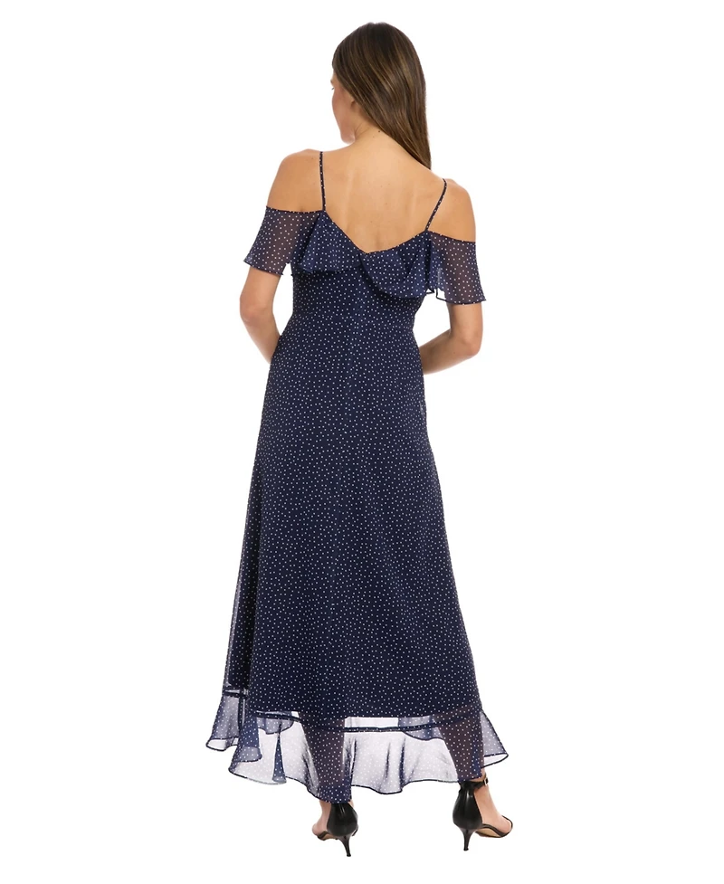 London Times Women's Printed Cold-Shoulder Ruffled Midi Dress