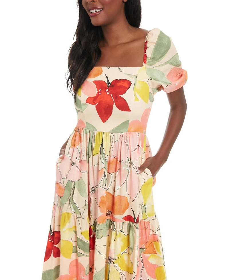 London Times Women's Floral-Print Square-Neck Puff Midi Dress