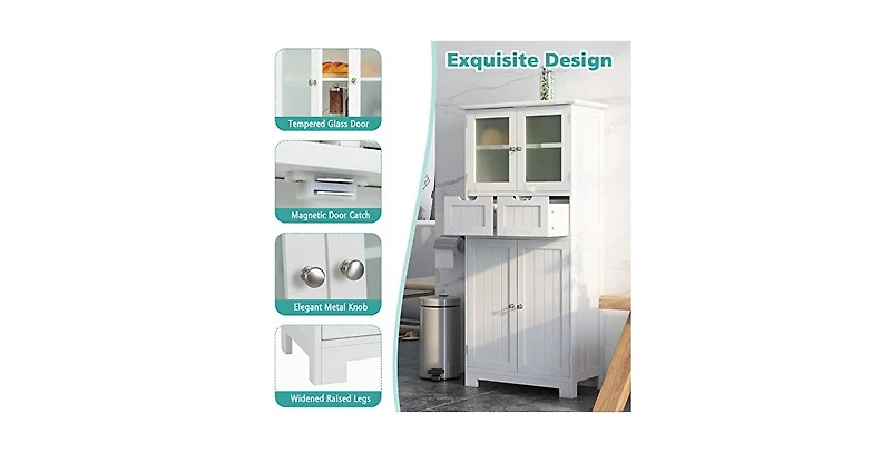 4 Door Freestanding Bathroom Floor Storage Cabinet with 2 Drawers and Glass Doors
