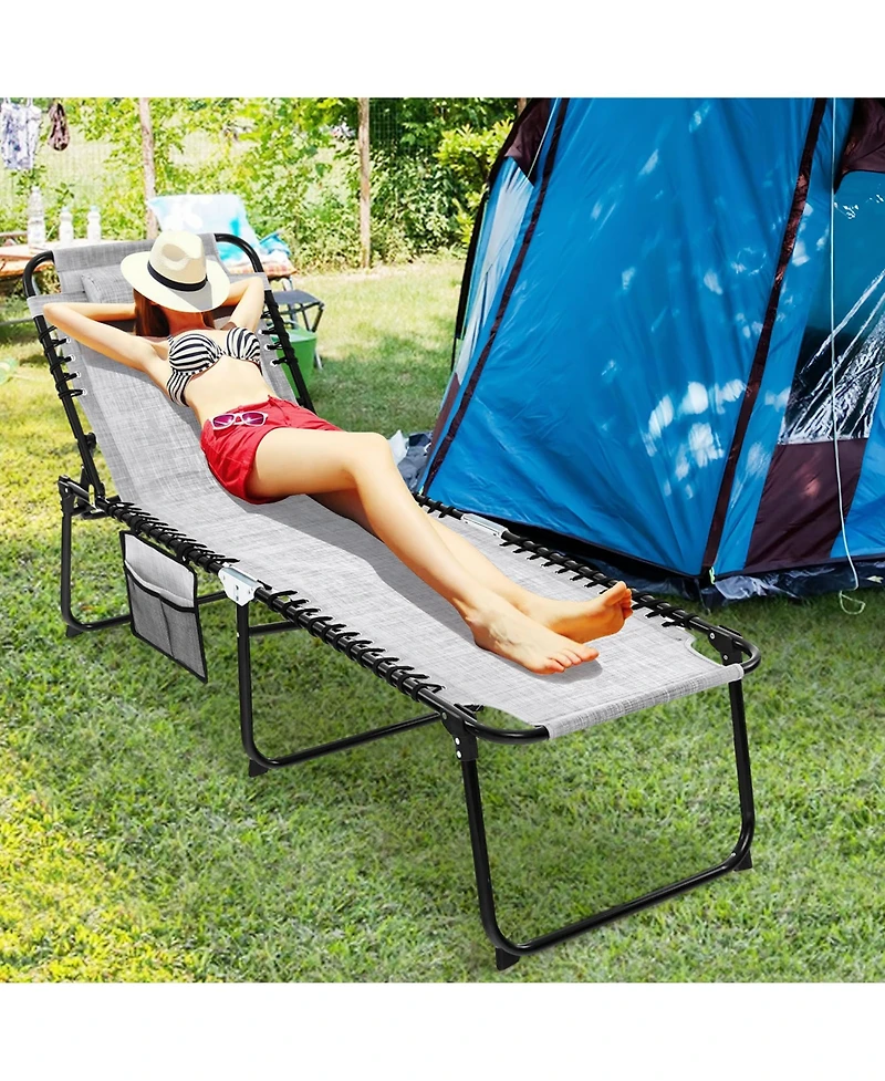 Gymax Folding Chaise Lounge Portable Lay Flat Reclining Chair w/ 4-Level Backrest Side Pocket