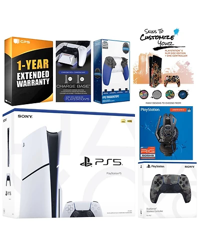 Sony Playstation 5 Slim Disc with Extra Controller, Plantronics Headset, Trigger Stop Kit, Charge Dock and MightySkins Decal Voucher + 1 Year Cps Exte