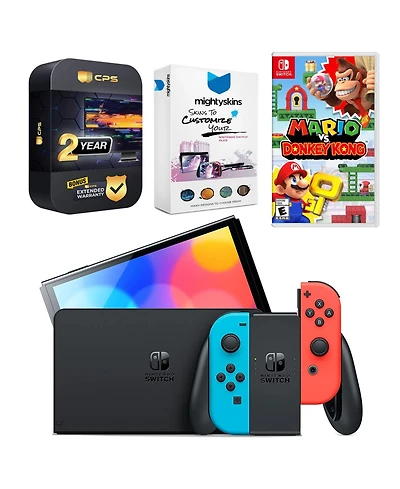 Nintendo Switch Neon Red & Blue Oled Console with Mario vs. Donkey Kong, MightySkins Console and Controller Skin Voucher, and 2 Year Cps Extended Warr
