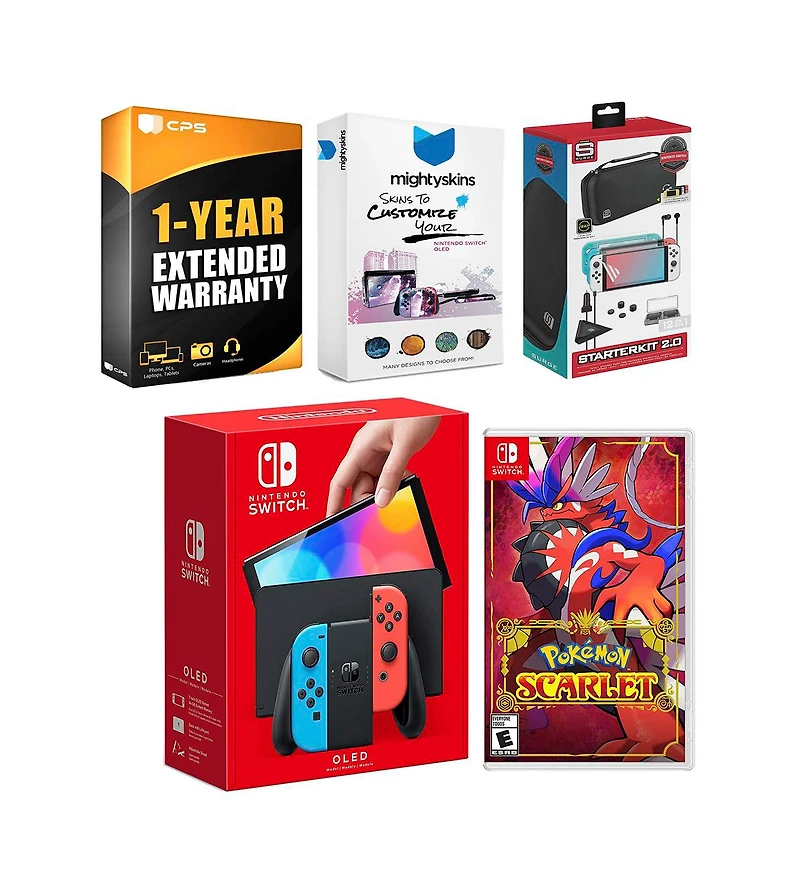 Nintendo Switch Neon Oled Console with Pikmin 1 + 2, Surge Accessory Gaming Kit, MightySkins Console and Controller Skin Voucher and 1 Year Cps Extend