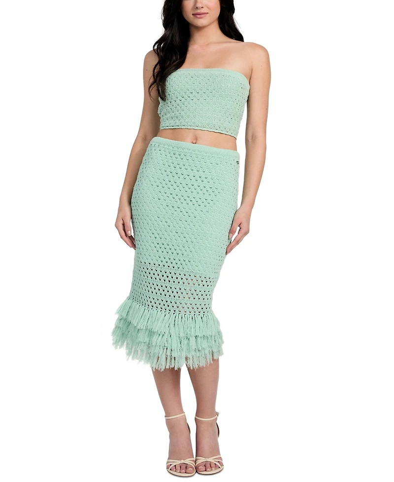 Guess Women's Pointelle Fringed-Hem Midi Skirt