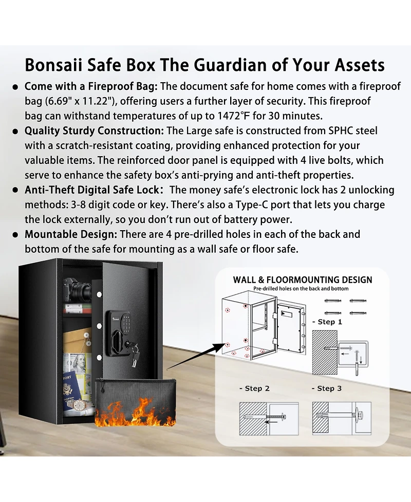 Bonsaii 1.8 Cubic Feet Security Home Safe with Digital Keypad & Fireproof Bag, Fire-Resistant Security Box for Jewelry, Cash, Guns | Fireproof Documen
