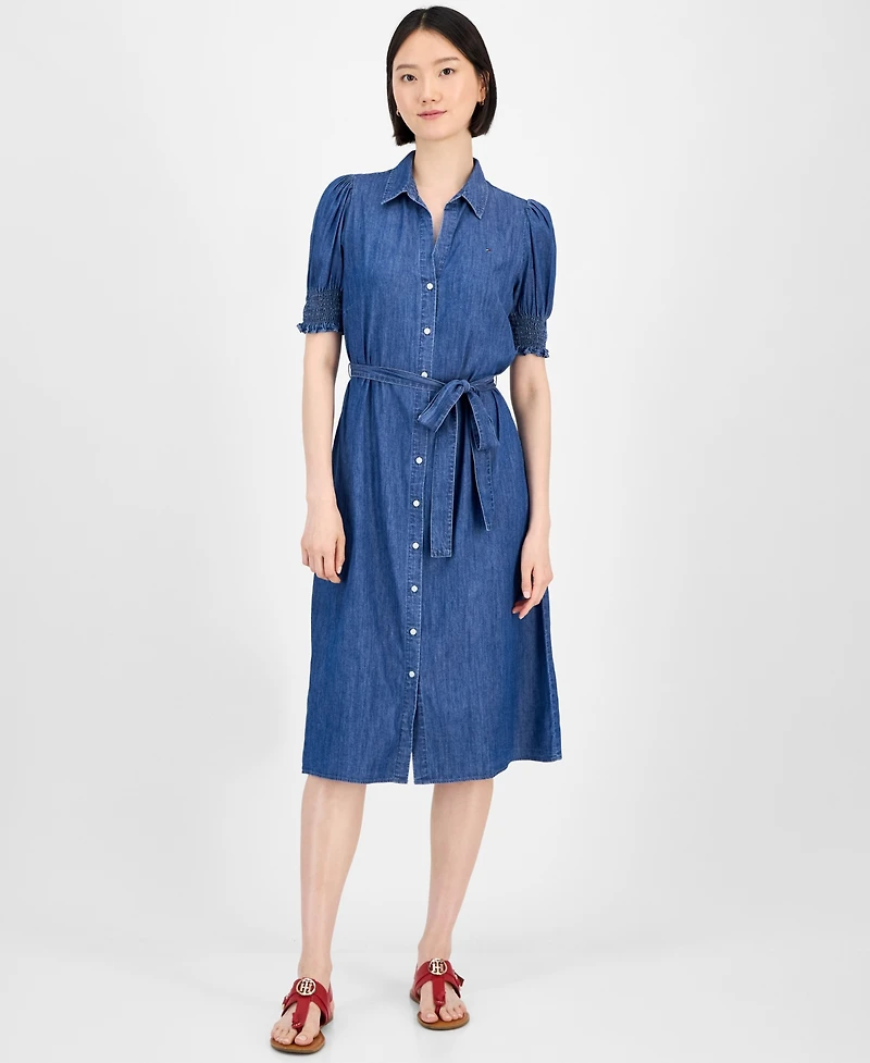 Tommy Hilfiger Women's Chambray Puff-Sleeve Midi Dress