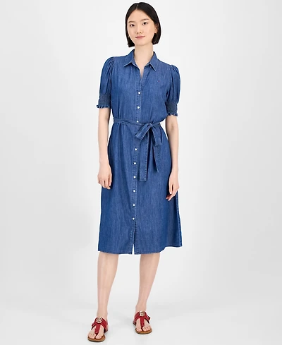 Tommy Hilfiger Women's Chambray Puff-Sleeve Midi Dress