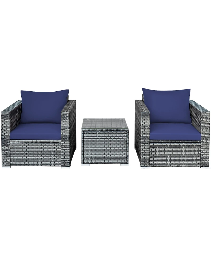 Gymax 3PCS Rattan Patio Conversation Furniture Set Outdoor Yard w/ Navy Cushion
