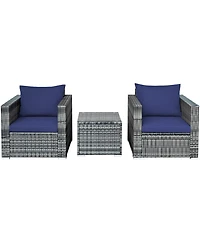 Gymax 3PCS Rattan Patio Conversation Furniture Set Outdoor Yard w/ Navy Cushion
