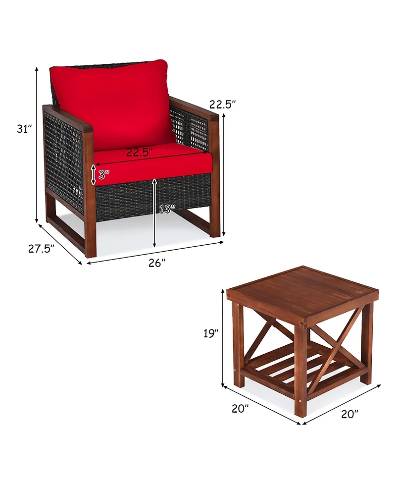 Gymax 3PCS Rattan Wicker Patio Conversation Set Outdoor Furniture Set w/ Red Cushion