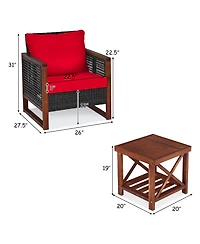 Gymax 3PCS Rattan Wicker Patio Conversation Set Outdoor Furniture Set w/ Red Cushion