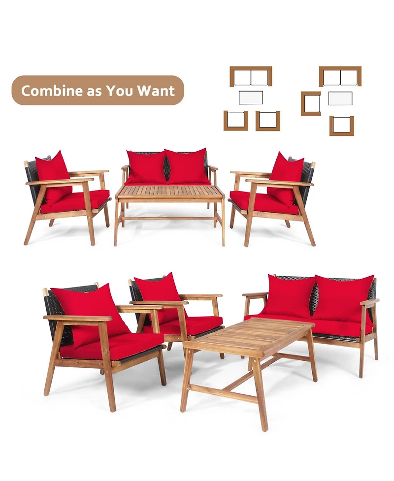 Gymax 4PCS Patio Conversation Set Wood Frame Furniture Set w/ Red Cushions