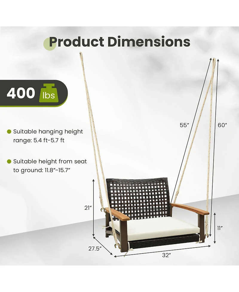 Gymax Rattan Porch Swing Patio Wicker Single Hanging Seat w/ Seat Cushion & Acacia Wood Armrests