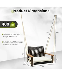 Gymax Rattan Porch Swing Patio Wicker Single Hanging Seat w/ Seat Cushion & Acacia Wood Armrests