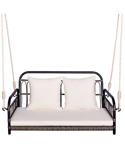 Gymax Outdoor Wicker Porch Swing 2-Person Hanging Seat w/ Seat & Back Cushions Backyard