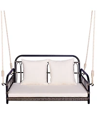 Gymax Outdoor Wicker Porch Swing 2-Person Hanging Seat w/ Seat & Back Cushions Backyard
