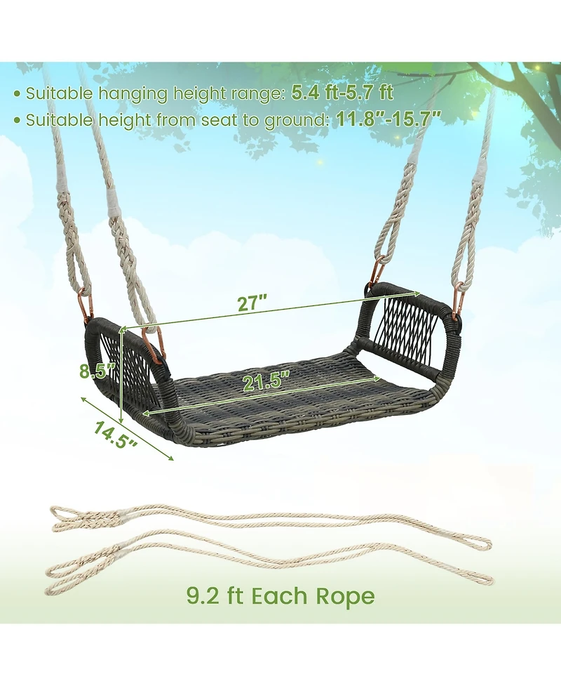 Gymax 1-Person Rattan Porch Swing Single Swing Chair Bench w/ Hanging Hemp Ropes Outdoor