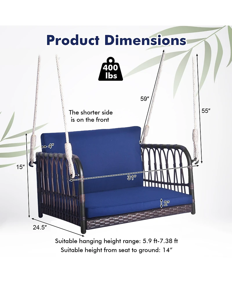 Gymax Patio Rattan Porch Swing Single Person Hanging Seat w/ Seat & Back Cushions Backyard