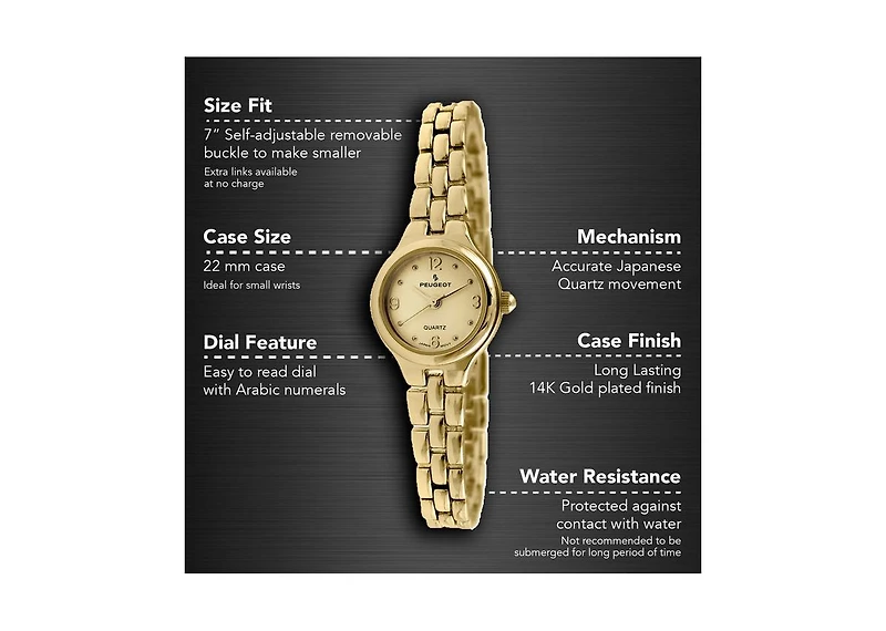 Peugeot Women's 22mm Gold Dial Round Self-Adjust Link Bracelet Watch