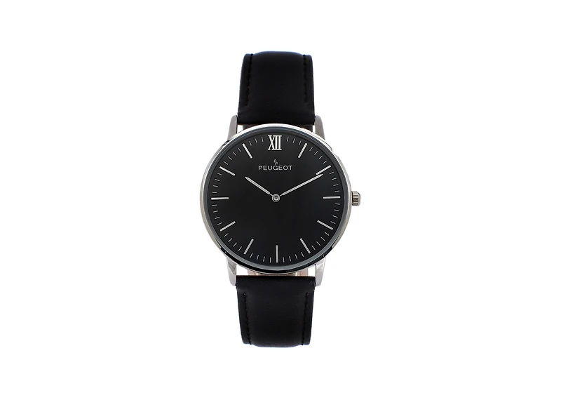 Peugeot Men's 40mm Black Dial Silver Super Slim Case Leather Strap Watch