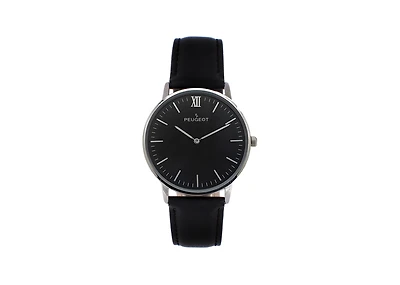 Peugeot Men's 40mm Black Dial Silver Super Slim Case Leather Strap Watch