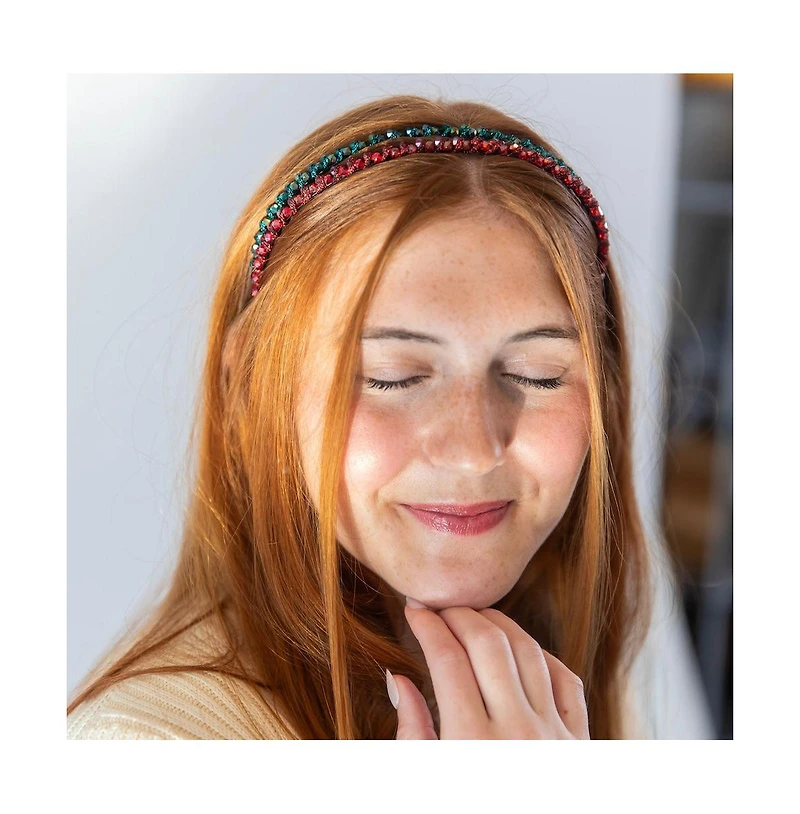 Thin Beaded Headband Set - Red + Green