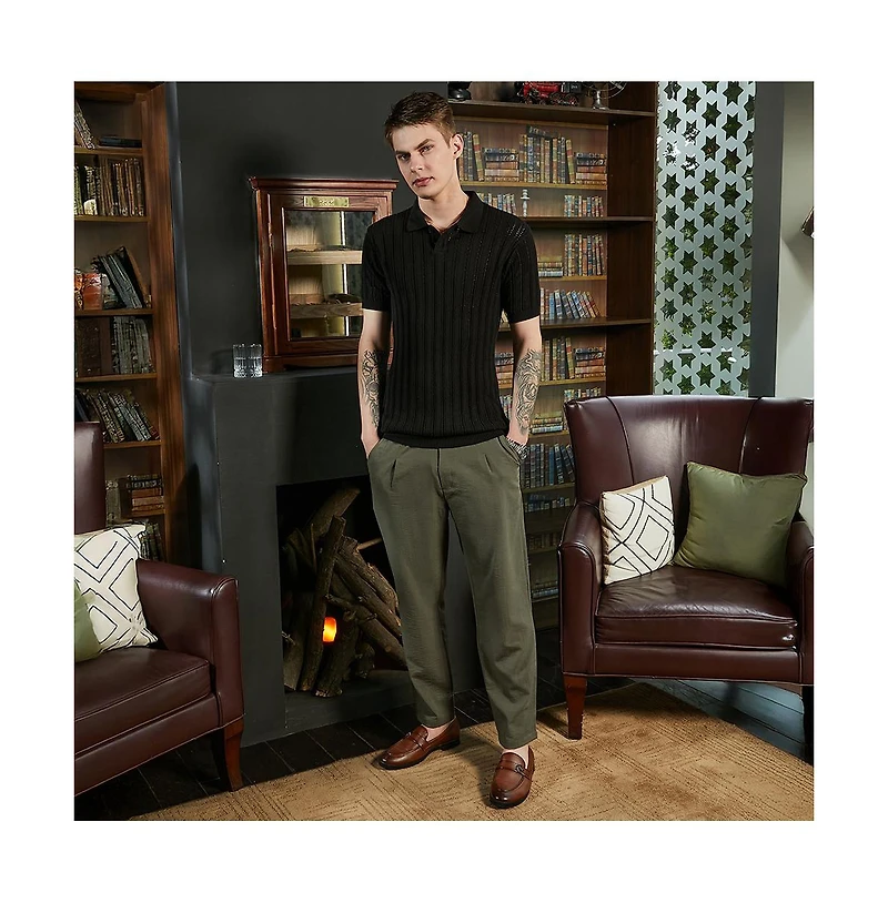 Campus Sutra Men's Obsidian Black Stripe-Textured Polo T-Shirt