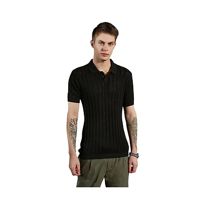 Campus Sutra Men's Obsidian Black Stripe-Textured Polo T-Shirt