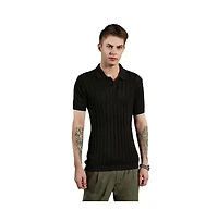 Campus Sutra Men's Obsidian Black Stripe-Textured Polo T-Shirt