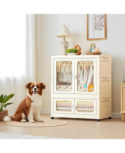 Stackable Storage Bins, Plastic Collapsible Storage Containers with Doors, Wheels and Hanging Rods, Large Lidded Closet Organizers Cabinet for Home Of