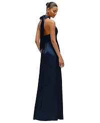 After Six Women's Band Collar Halter Open Back Fluid Satin Maxi Dress with Self-Tie Bow