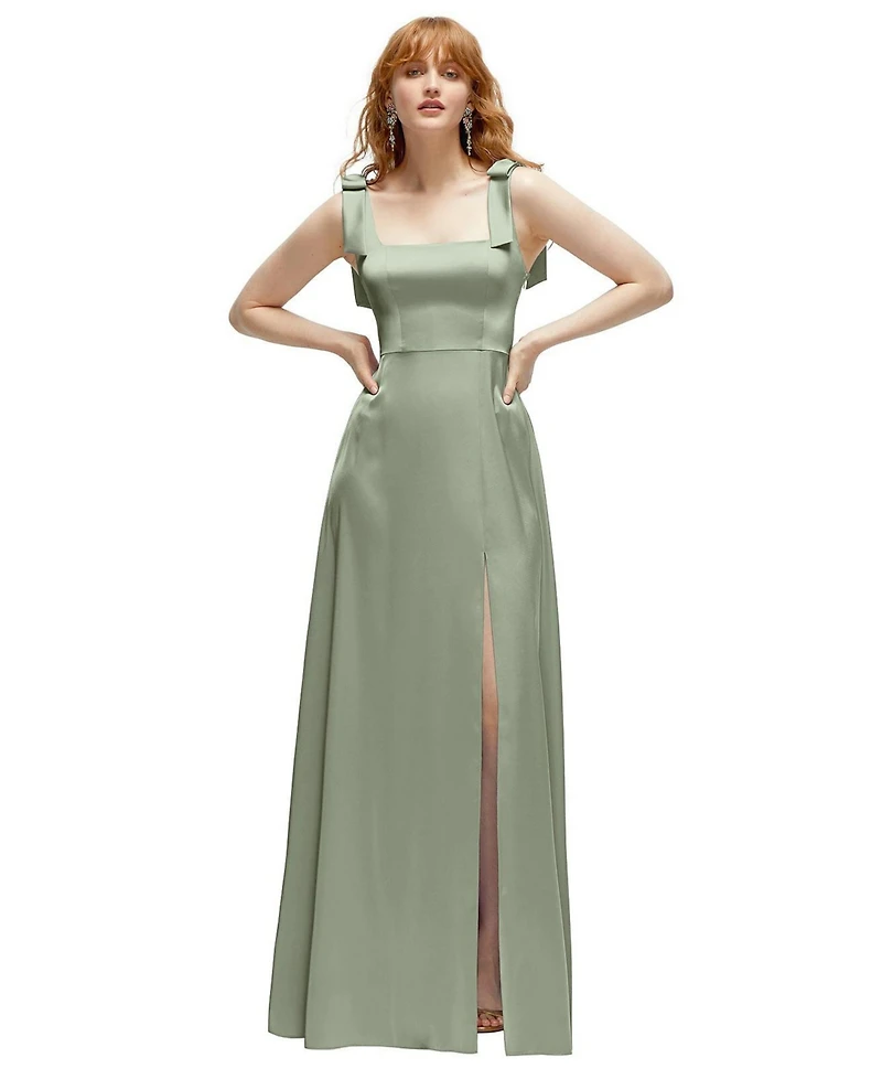 After Six Plus Square Neck Fluid Satin Maxi Dress with Bow Straps