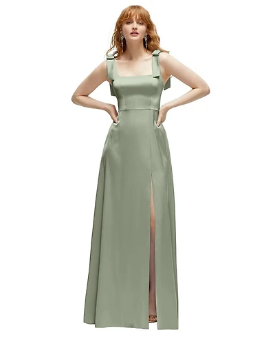 After Six Plus Square Neck Fluid Satin Maxi Dress with Bow Straps