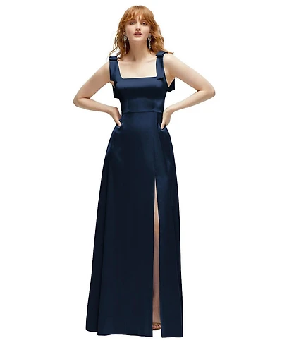 After Six Plus Square Neck Fluid Satin Maxi Dress with Bow Straps