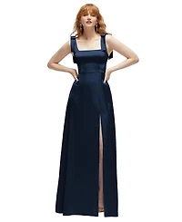 After Six Plus Square Neck Fluid Satin Maxi Dress with Bow Straps