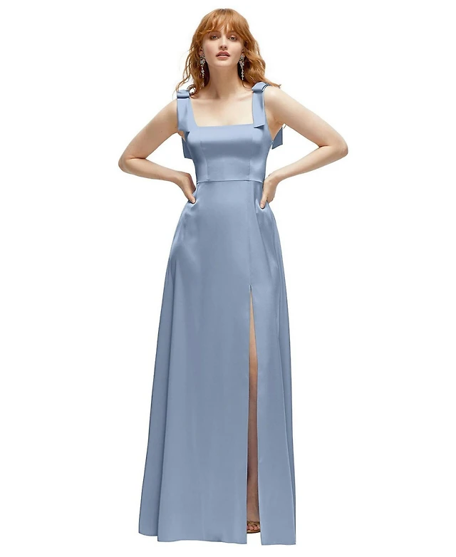 After Six Plus Square Neck Fluid Satin Maxi Dress with Bow Straps |  MainPlace Mall
