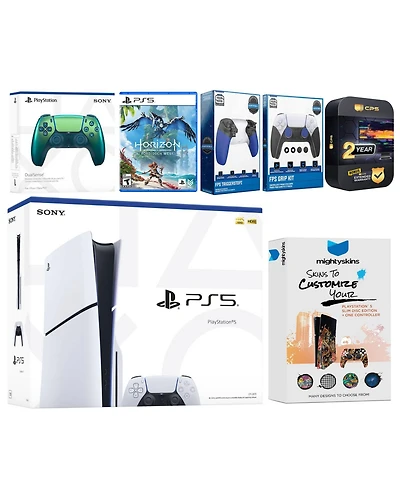 Sony Playstation 5 Slim Disc with Horizon Forbidden West, Extra Controller, Trigger Stop Kit, Fps Grip Kit and MightySkins Decal Voucher + 2 Year Cps