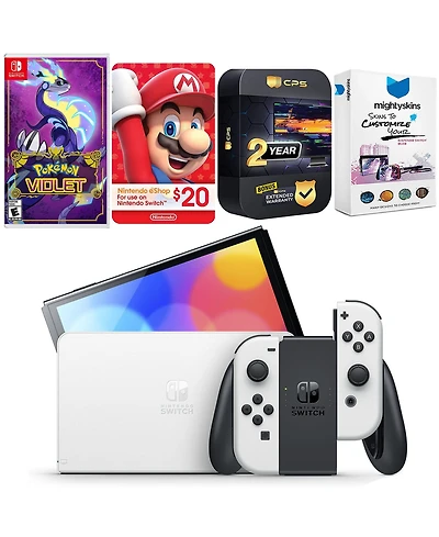 Nintendo Switch White Oled Console with Pokemon Violet, Nintendo $20 eShop Gift Card, MightySkins Console and Controller Skin Voucher, and 2 Year Cps
