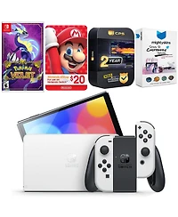 Nintendo Switch White Oled Console with Pokemon Violet, Nintendo $20 eShop Gift Card, MightySkins Console and Controller Skin Voucher, and 2 Year Cps