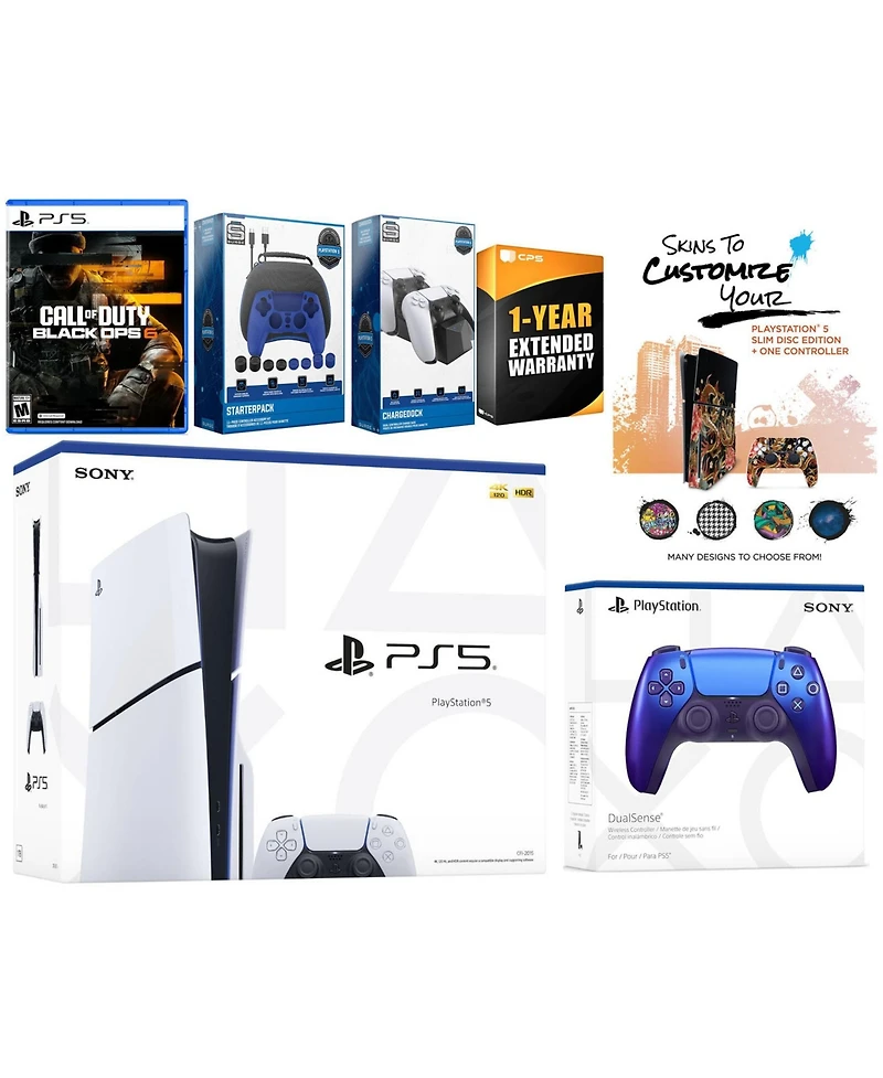 Sony Playstation 5 Slim Disc with Call of Duty: Ops 6, Extra Controller, Gamer Starter Pack, Charge Dock and MightySkins Voucher + 1 Year Cps Extended