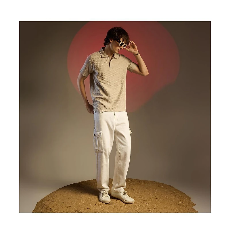 Campus Sutra Men's Saltbox Beige Chevron Polo T-Shirt