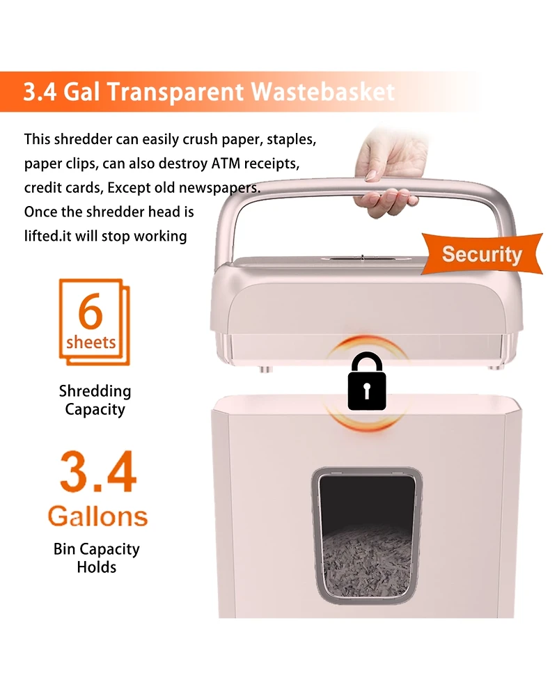 Bonsaii Pink Shredder, Compact for Office, Cross-Cut 6 Sheets, Security Shredding, Shreds Cards & Mail, 3.4-Gallon Bin