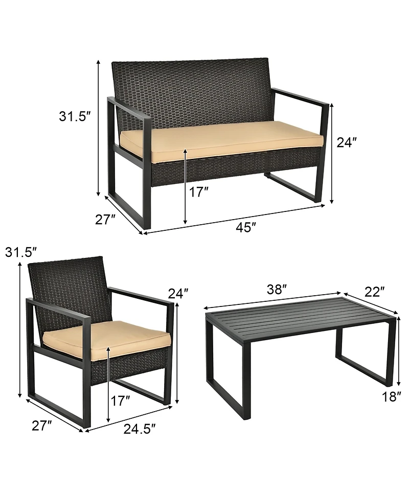Gymax 4PCS Outdoor Wicker Rattan Furniture Set Patio Conversation Set With Cushions