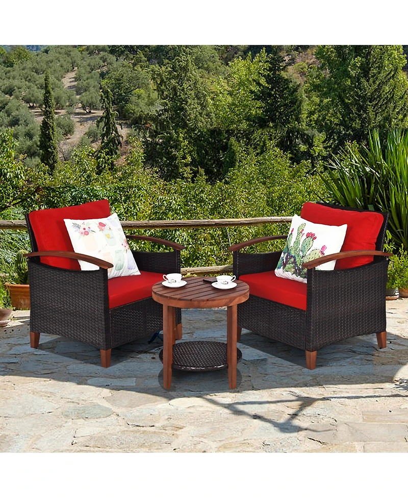 Gymax 3PCS Patio Wicker Rattan Conversation Set Outdoor Furniture Set w/ Red Cushion
